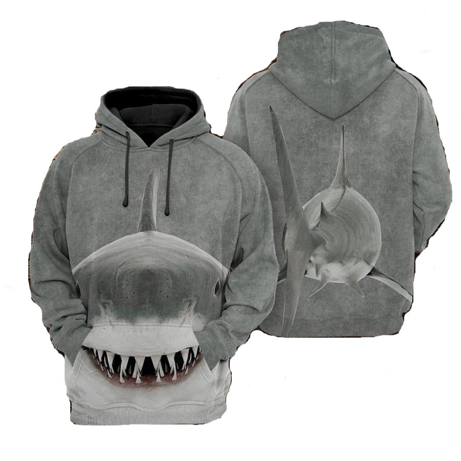  Shark Hoodie Funny Shark Costume With Back Tail Grey Hoodie Apparel Adult Full Print Unisex