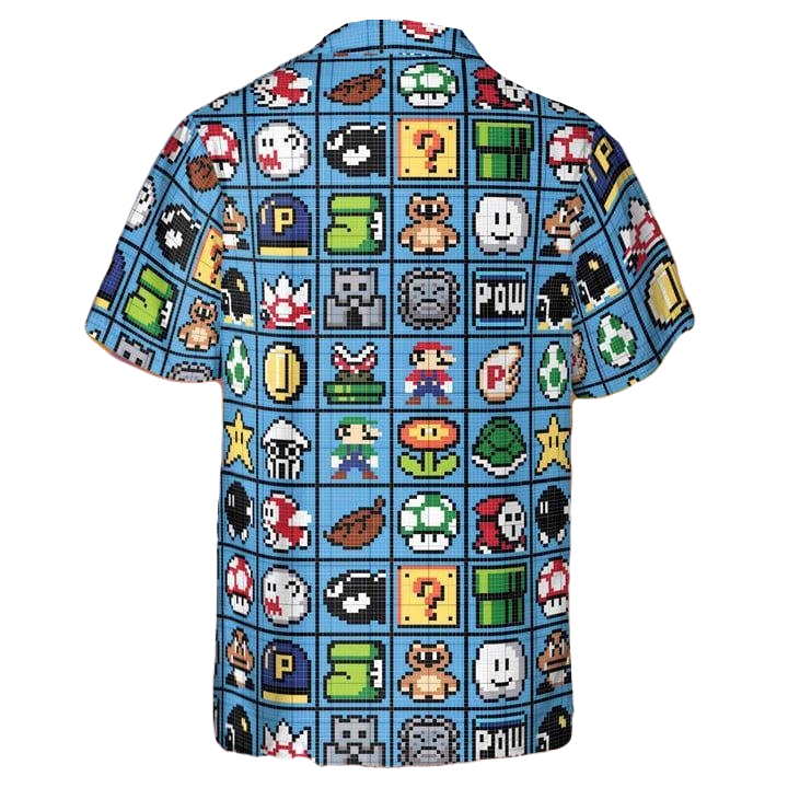 Mario Hawaii Shirt Super Mario 8Bit Game Items Pattern Aloha Shirt Blue Unisex