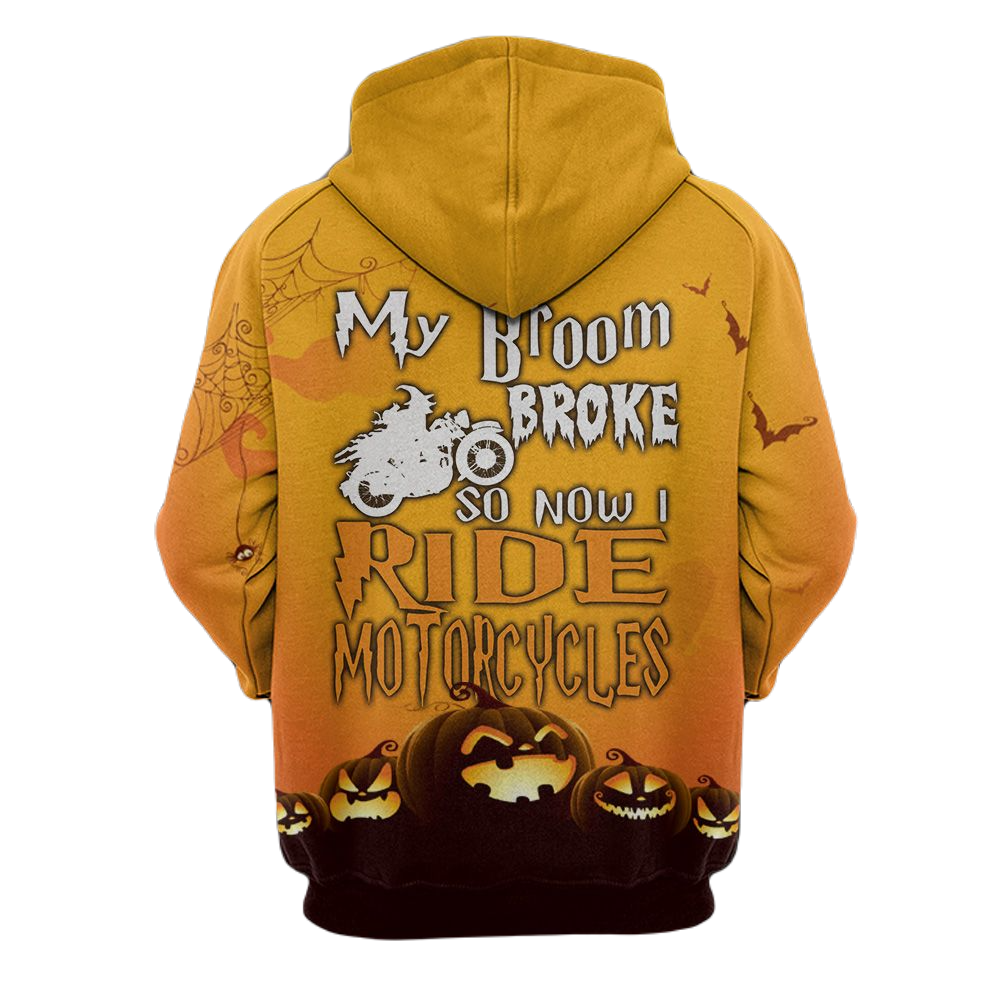 Motorcycle Hoodie My Broom Broke So I Ride Motorcycle Hoodie Black Orange Unisex