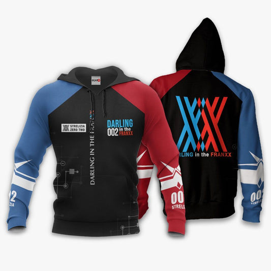 Darling In The Franxx Hoodie Darling In The Franxx Zero Two XX Strelitzia 02 Black Blue Red Hoodie Adult Unisex Anime Clothing