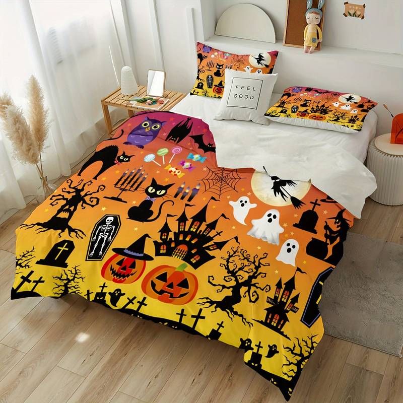 Halloween Bedding Set Pumpkin Ghost Tombstone Pattern Duvet Covers Orange Unique Gift