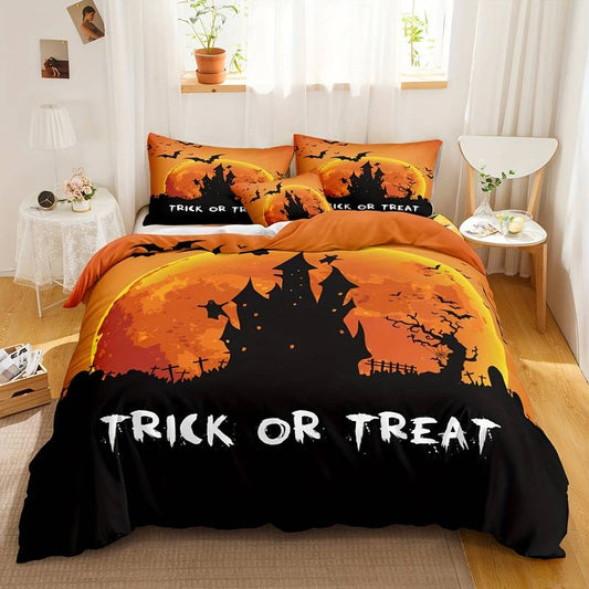 Halloween Bedding Set Ghost Castle Trick Or Treat Duvet Covers Orange Black Unique Gift