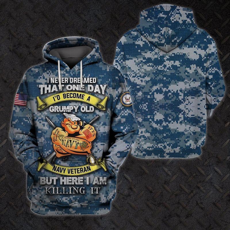 Unifinz Navy Veteran Hoodie Grumpy Old Navy Veteran Here I Am Hoodie Blue Camo 3D Cool Hoodie Navy Hoodie Apparel 2022
