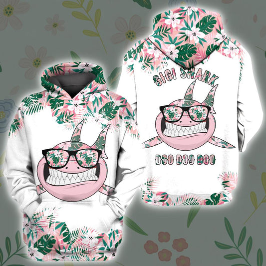  Shark Hoodie Gigi Shark Doo Doo Doo Glasses Shark Flower Pink White Hoodie Apparel Adult Full Print