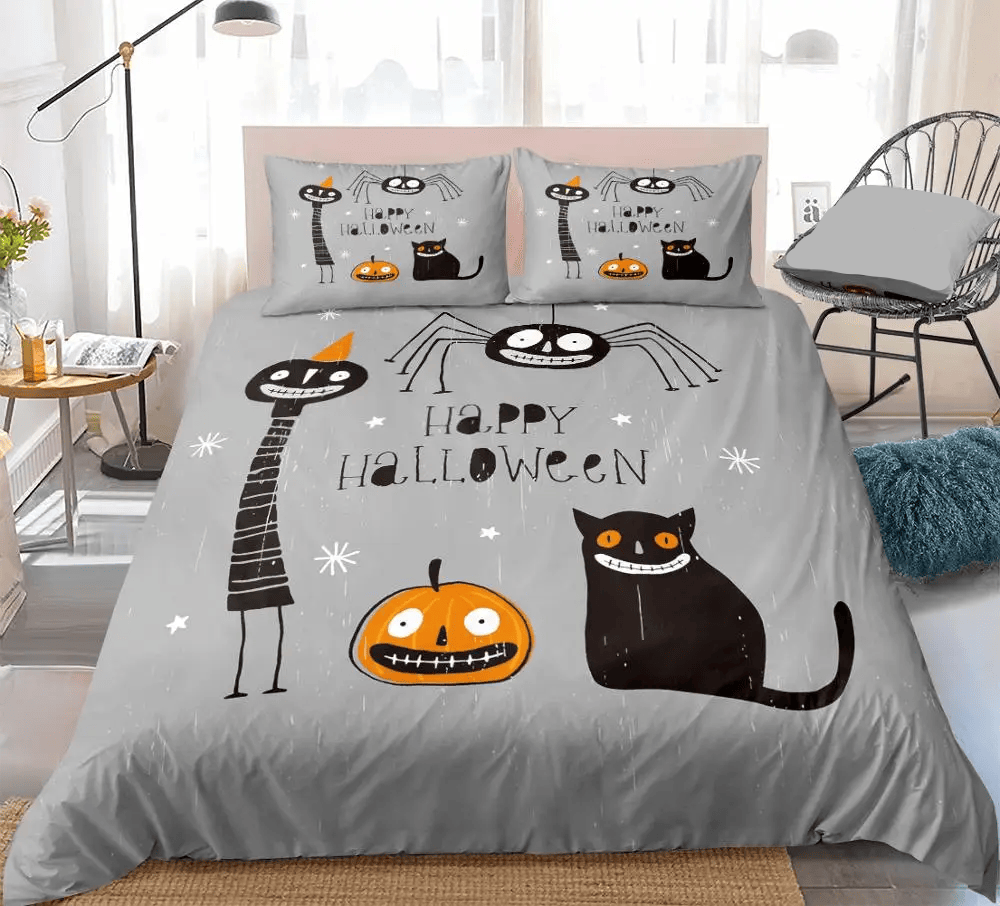 Halloween Bedding Set Happy Halloween Cat Pumpkin Spider Duvet Covers Gray Unique Gift