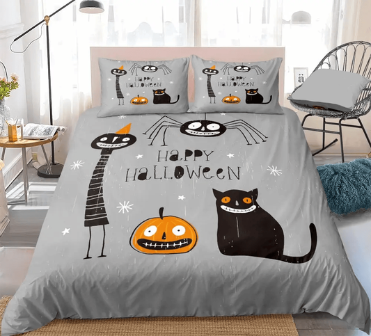 Halloween Bedding Set Happy Halloween Cat Pumpkin Spider Duvet Covers Gray Unique Gift