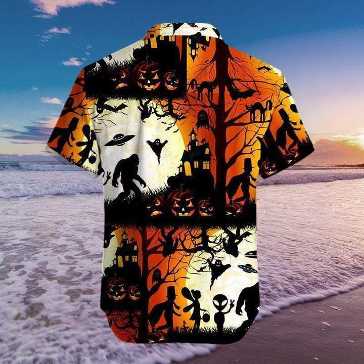 Unifinz Bigfoot Halloween Hawaii Shirt Bigfoot Alien Halloween Orange Hawaiian Shirt 2022