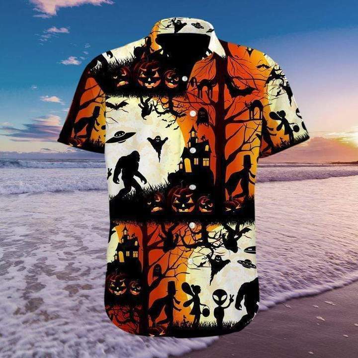 Unifinz Bigfoot Halloween Hawaii Shirt Bigfoot Alien Halloween Orange Hawaiian Shirt 2022