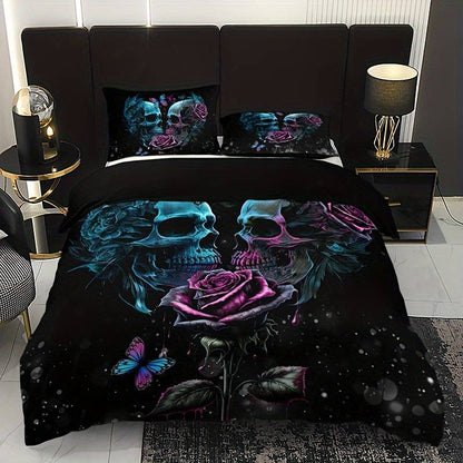 Skull Bedding Set Rose Ans Two Skulls Graphic Duvet Covers Black Blue Unique Gift