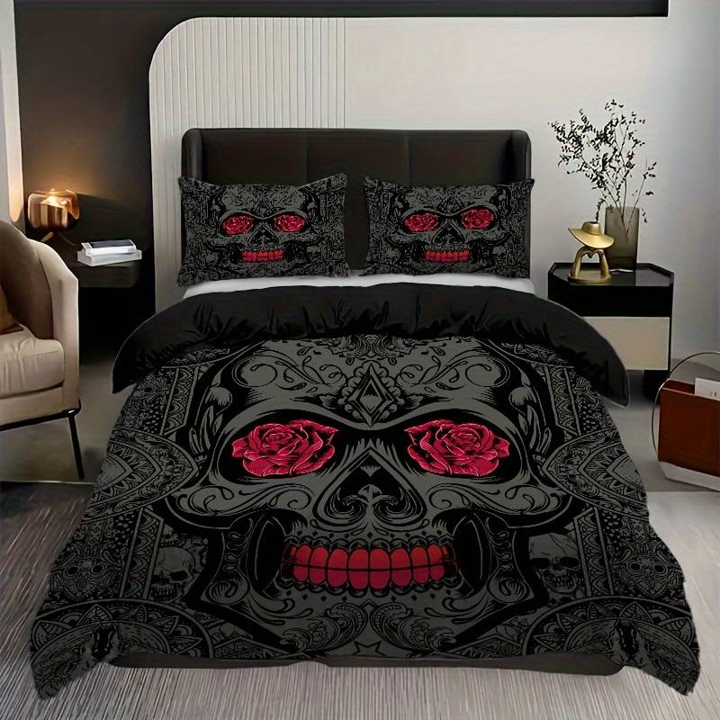 Skull Bedding Set Sugar Skull Roses Pattern Duvet Covers Black Unique Gift