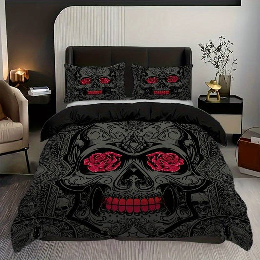 Skull Bedding Set Sugar Skull Roses Pattern Duvet Covers Black Unique Gift