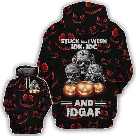 Halloween Hoodie Stuck Between IDK IDC And IDGAF Skull Black Hoodie Halloween Clothing