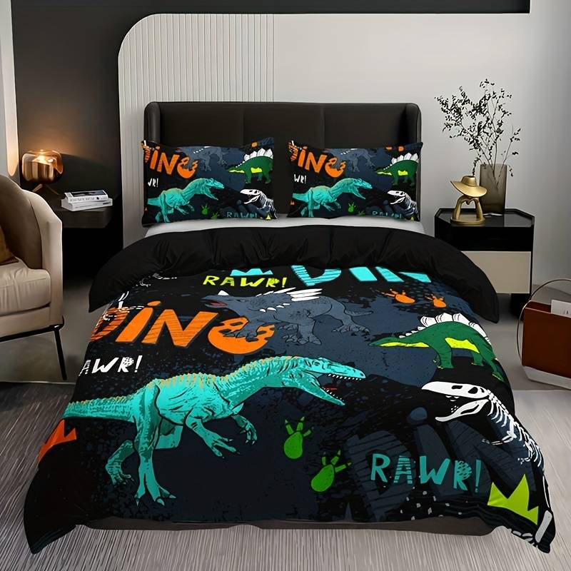 Dinosaur Bedding Set Dino Rawr Fossil Graphic Pattern Duvet Covers Black Blue Unique Gift