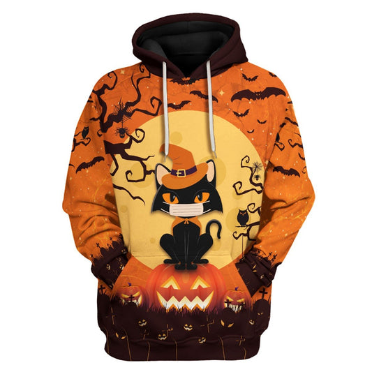  Halloween T-shirt Halloween Witch Cat Wearing Mask Pumpkin Orange Shirt Halloween Hoodie Unisex Full Size