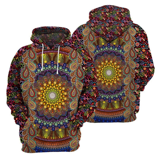  Hippie Hoodie Sunflower Mandala Hippie Peace Sign Pattern Brown T-shirt Hoodie Adult Unisex Full Print