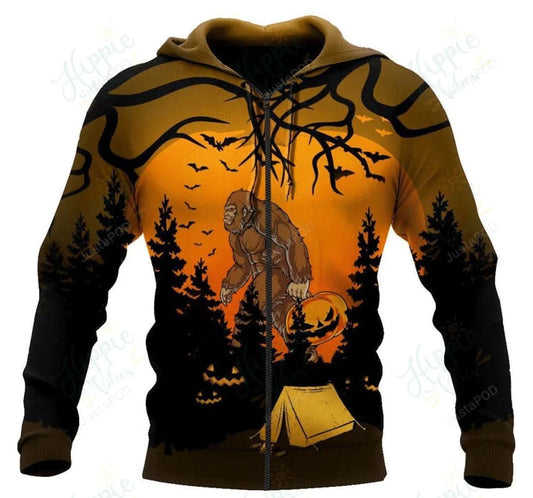 Bigfoot Zip Hoodie Halloween Camping Bigfoot Up Zip Hoodie Orange Unisex