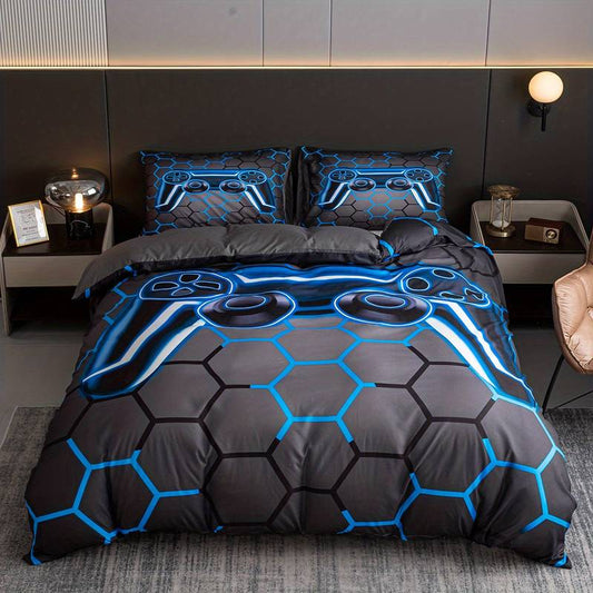 Game Bedding Set Game Controller Console Octagon Shapes Duvet Covers Gray Blue Unique Gift