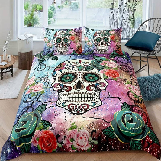 Skull Bedding Set Sugar Skull Floral Graphic Duvet Covers Colorful Unique Gift