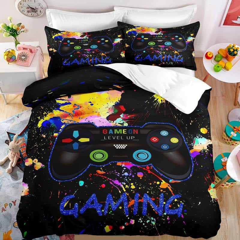 Game Bedding Set Game On Level Up Splashing Duvet Covers Black Unique Gift