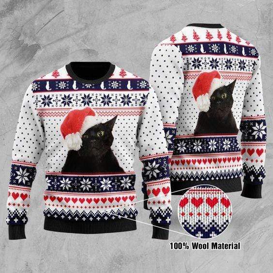 Unifinz Cat Christmas Sweater Black Cat Christmas Pattern White Blue U