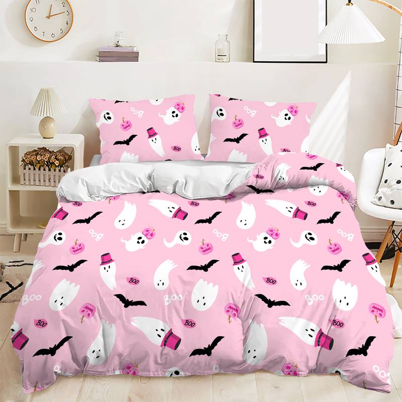 Halloween Bedding Set Halloween Cute Ghost Wearing Hat Duvet Covers Pink Unique Gift