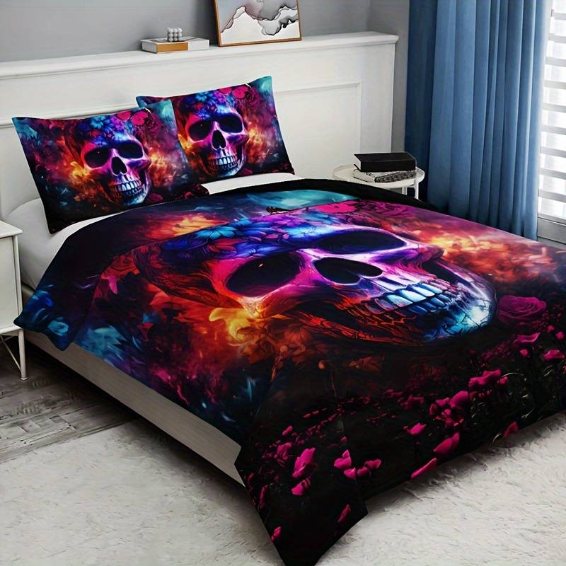 Skull Bedding Set Galaxy Flower Skull Graphic Duvet Covers Colorful Unique Gift