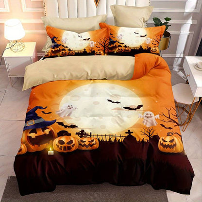 Halloween Bedding Set Pumpkin Ghost Moon Bat Duvet Covers Orange Black Unique Gift