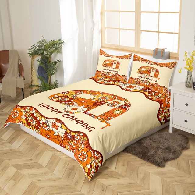 Camping Bedding Set Happy Camping Flowers Pattern Duvet Covers Orange Unique Gift