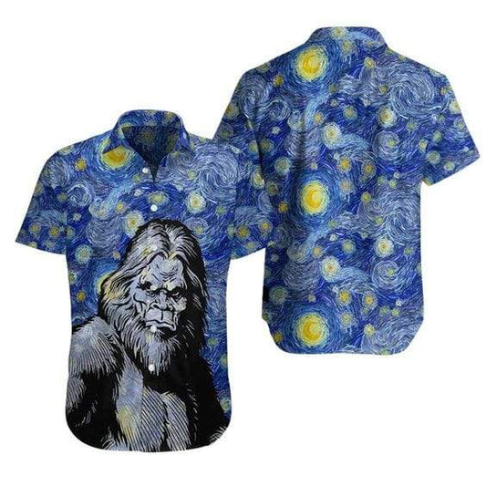 Unifinz Bigfoot Hawaiian Shirt Bigfoot Starry Night Sky Painting Hawaii Aloha Shirt 2022