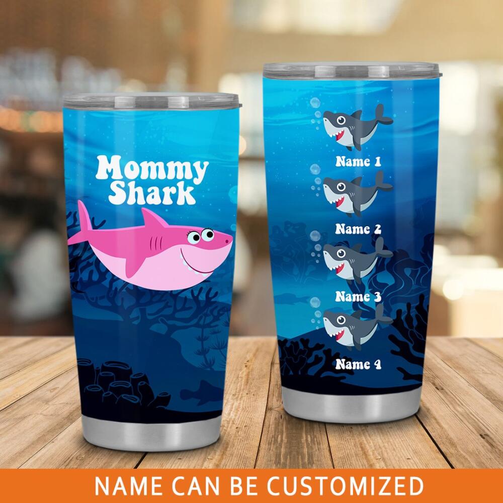Personalized Mother Tumbler Custom Mommy Shark Tumbler 20oz Blue