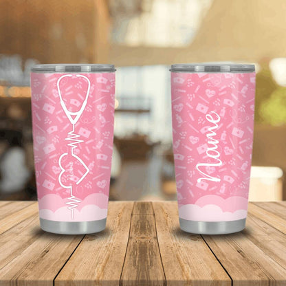 Perosnalized Nurse Tumbler For Nurse Nurisnng Stethoscope Heart Beat Tumbler 20oz Custom Nurse Gift Pink