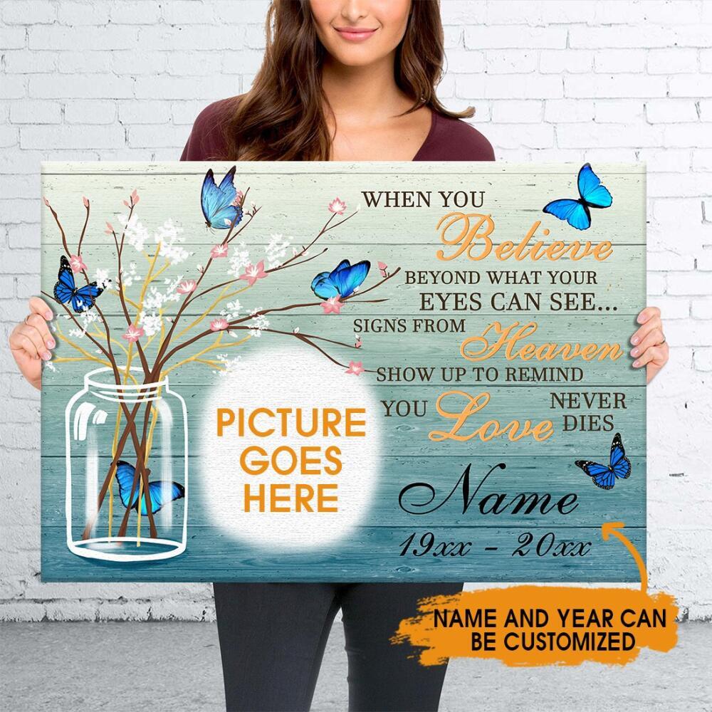 Custom Memorial Landscape Canvas For Lost Loved Ones Remind You Love Never Dies Butterfly Landscape Canvas Blue M02