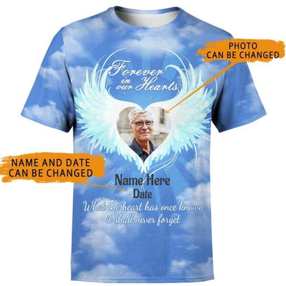 Personalized Memorial Shirt With Photo Forever In Our Hearts Angel Wings For Mom, Dad , Grandpa, Son, Daughter Custom Memorial Gift M147A