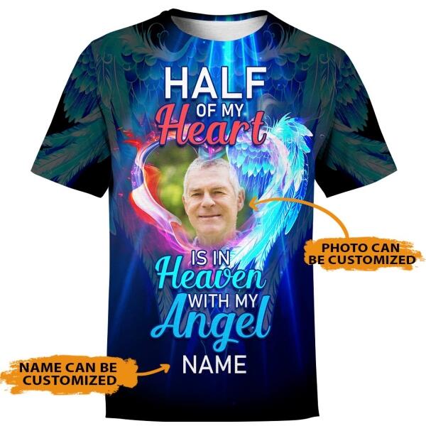 Unifinz Personalized Memorial Shirt Half Of My Heart Angel Wings For Mom, Dad, Grandpa, Son, Daughter Custom Memorial Gift M173