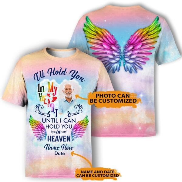 Unifinz Personalized Memorial Shirt I'll Hold You In My Hear Colorful Wings For Mom, Dad, Grandpa, Son, Daughter Custom Memorial Gift M193