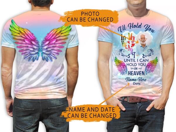 Unifinz Personalized Memorial Shirt I'll Hold You In My Hear Colorful Wings For Mom, Dad, Grandpa, Son, Daughter Custom Memorial Gift M193