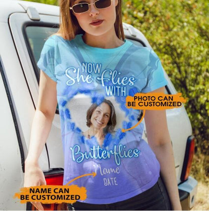 Unifinz Personalized Memorial Shirt Now She Flies With Butterfly For Mom, Sister, Daughter Custom Memorial Gift M192.1