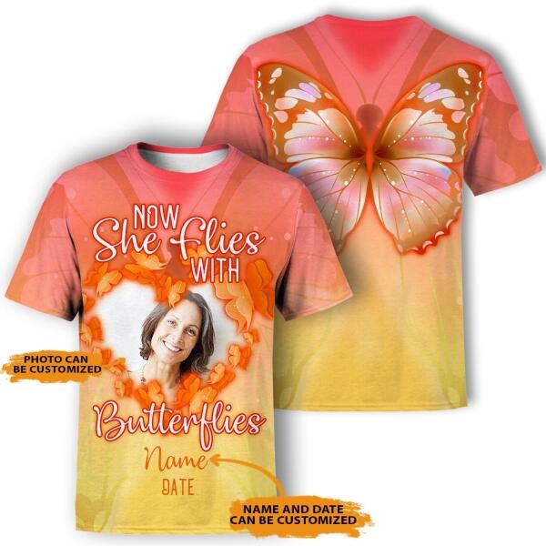 Unifinz Personalized Memorial Shirt Now She Flies With Butterfly For Mom, Sister, Daughter Custom Memorial Gift M192.2