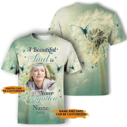 Unifinz Personalized Memorial Shirt A Beautiful Soul Dandelion Butterfly In Loving Memory For Mom, Dad, Grandpa, Son, Daughter Custom Memorial Gift M210