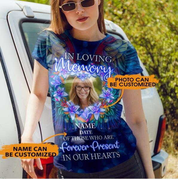 Unifinz Personalized Memorial Shirt In Loving Memory Forever Present In Our Hearts For Mom, Dad, Grandpa, Son, Daughter Custom Memorial Gift M208