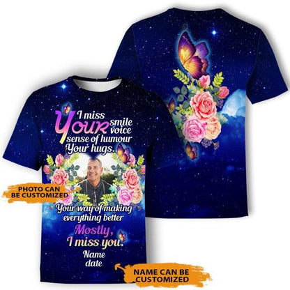 Unifinz Personalized Memorial Shirt I Miss Your Smile I Miss You Butterfly For Mom, Dad, Grandpa, Son, Daughter Custom Memorial Gift M239