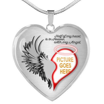 Personalized Memorial Heart Necklace Half Of My Heart Is In Heaven With My Angel For Mom Dad Daughter Somone Custom Memorial Gift M49