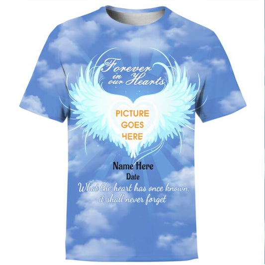 Personalized Memorial Shirt With Photo Forever In Our Hearts Angel Wings For Mom, Dad , Grandpa, Son, Daughter Custom Memorial Gift M147A