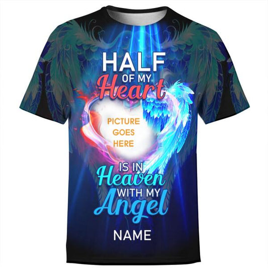 Unifinz Personalized Memorial Shirt Half Of My Heart Angel Wings For Mom, Dad, Grandpa, Son, Daughter Custom Memorial Gift M173