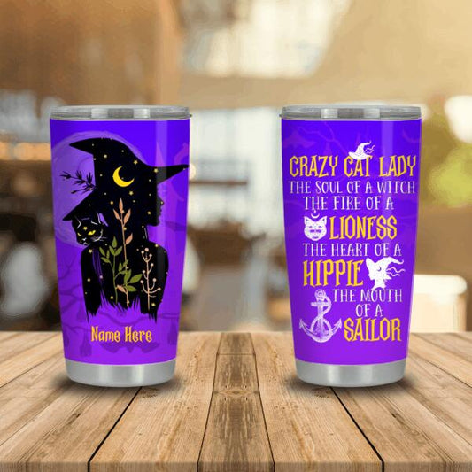 Personalzied Cat Tumbler For Witch Cat Lovers Crazy Cat Lady Tumbler 20oz Purple C02