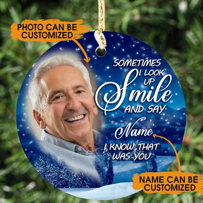 Custom Christmas Memorial Ornament For Loss Of Mom Dad Someone Sometimes I Look Up Smile Memorial Ornament Blue M311