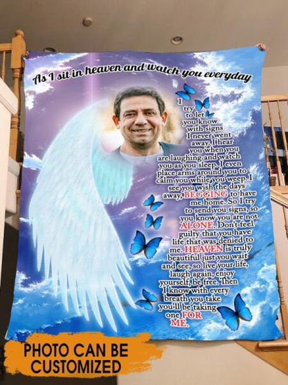 Custom Memorial Blanket With Pictures For Loss Of Someone As I Sit In Heaven And Watch Blanket Blue M316