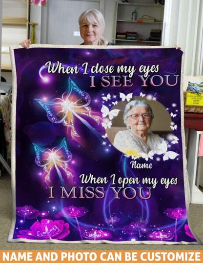 Custom Memorial Blanket With Picture For Lost Loved Ones When I Close My Eyes Butterfly Signs Blanket Purple M249