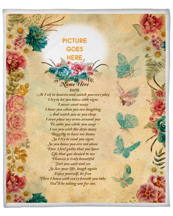 Custom Memorial Blanket With Picture For Loss As I Sit In Heaven Butterfly Signs Blanket Yellow M270