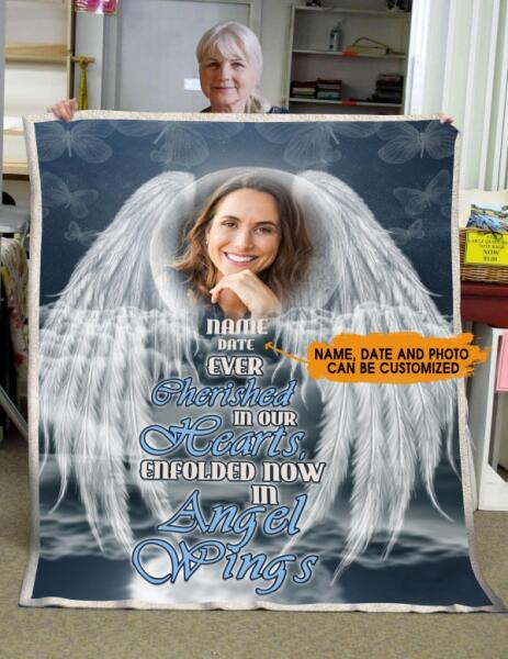 Custom Memorial Blanket For Lost Loved Ones Ever Cherished In Our Hearts Wings Blanket Black M232